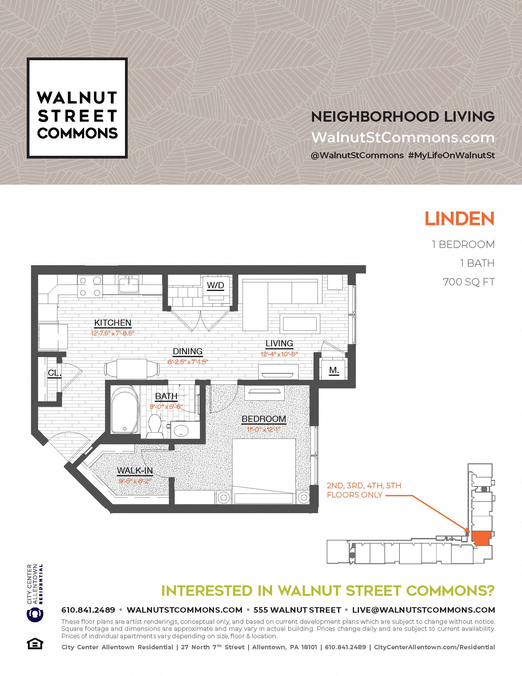 Floor plan for 1 bed, 1 bath, 700 sqft